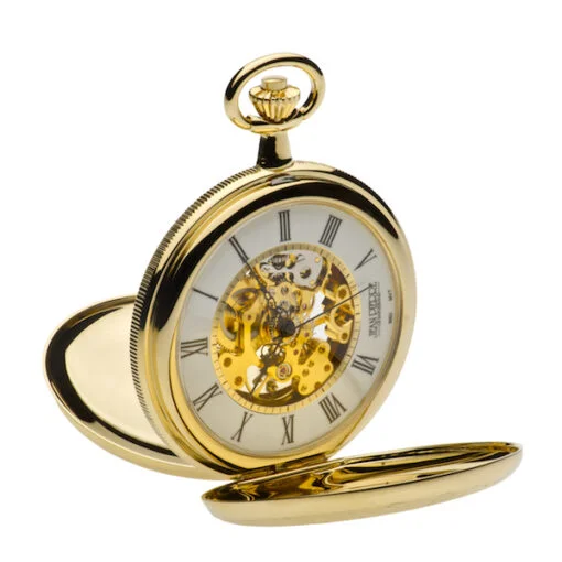 Gold Plated Twin Lidded Skeleton Mechanical Pocket Watch by Jean Pierre