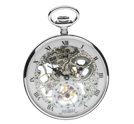 Chrome Plated Mechanical Open Face Skeleton Pocket Watch By Jean Pierre