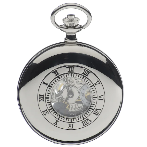 Chrome Plated Half Hunter Skeleton Mechanical Pocket Watch by Jean Pierre - Image 2