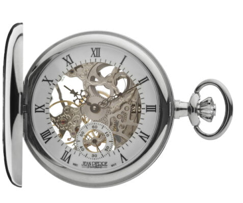 Chrome Plated Half Hunter Skeleton Mechanical Pocket Watch by Jean Pierre