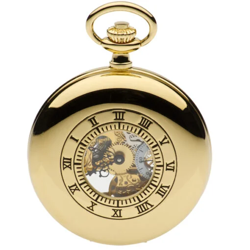 Gold Plated Half Hunter Skeleton Mechanical Pocket Watch by Jean Pierre - Image 2