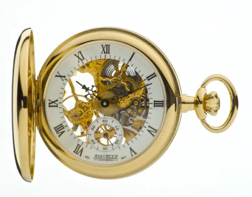 Gold Plated Half Hunter Skeleton Mechanical Pocket Watch by Jean Pierre