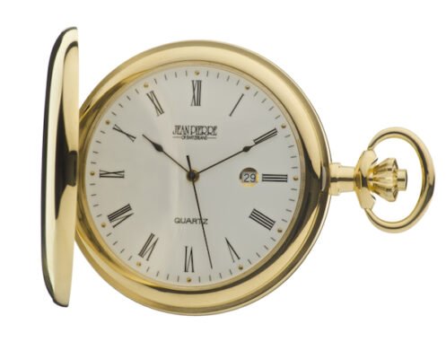 Gold Plated Quartz Calendar Full Hunter Pocket Watch by Jean Pierre