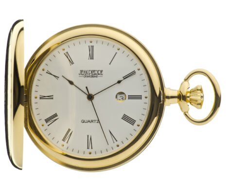 Gold Plated Quartz Calendar Full Hunter Pocket Watch by Jean Pierre