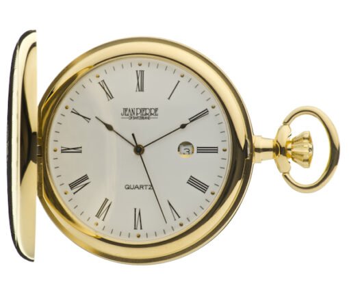 Gold Plated Quartz Calendar Full Hunter Pocket Watch by Jean Pierre