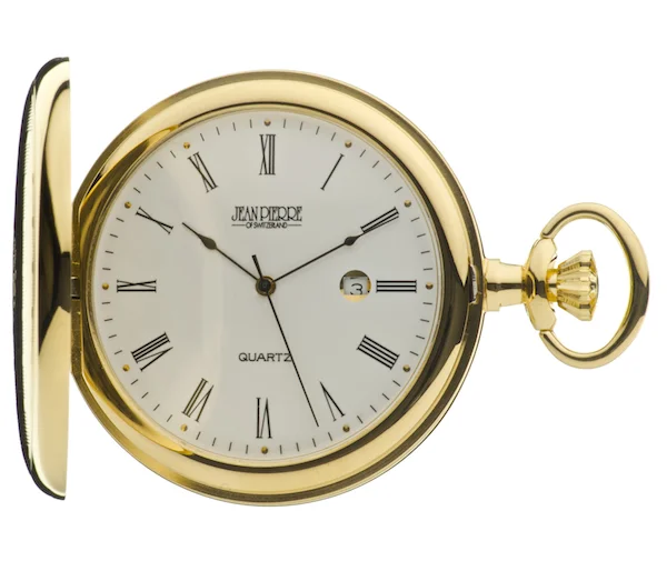 Gold Plated Quartz Calendar Full Hunter Pocket Watch by Jean Pierre