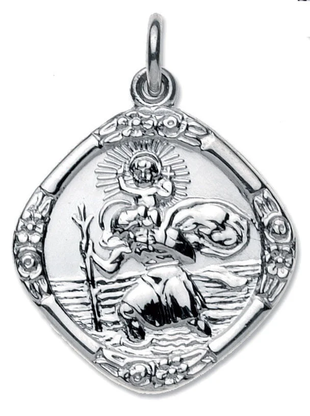Sterling Silver Square Double Sided Medium St Christopher Pendant