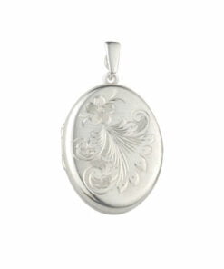 Curteis Sterling Silver Flower Engraved Midi Oval Locket
