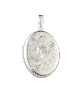 Curteis Sterling Silver Flower Engraved Midi Oval Locket