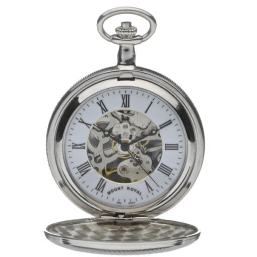 Mount Royal Chrome Plated Twin Lid Skeleton Mechanical Hunter Pocket Watch - Image 3