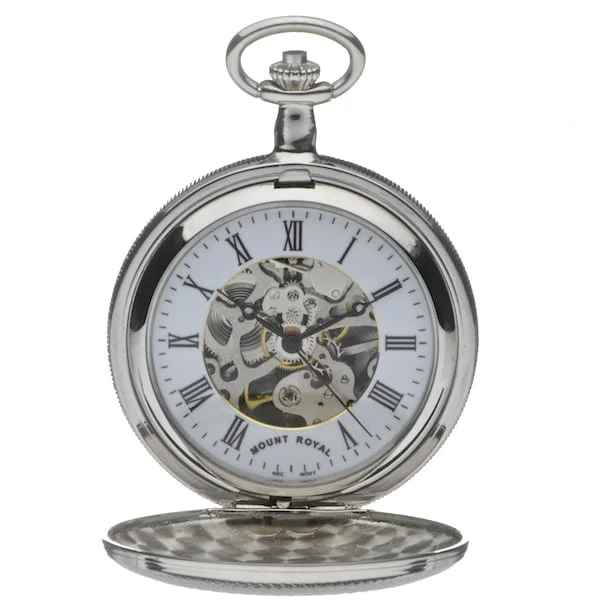 Mount Royal Chrome Plated Twin Lid Skeleton Mechanical Hunter Pocket Watch - Image 3