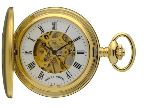 Mount Royal Half Hunter Skeleton Matt Finish Gold Plated Mechanical Pocket Watch