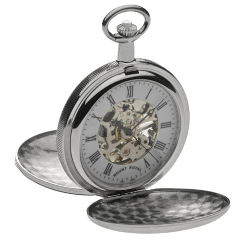 Mount Royal Chrome Plated Polished Twin Lid Skeleton Pocket Watch