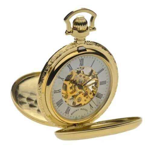 Mount Royal Twin Lidded Gold Plated Skeleton Dial Mechanical Pocket Watch