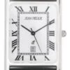 Jean Pierre Sterling Silver Rectangular Roman Numeral Dial Gents Calendar Wrist Watch Black Leather Strap