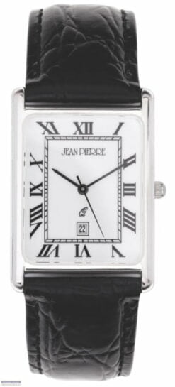 Jean Pierre Sterling Silver Rectangular Roman Numeral Dial Gents Calendar Wrist Watch Black Leather Strap