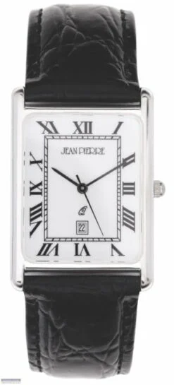 Jean Pierre Sterling Silver Rectangular Roman Numeral Dial Gents Calendar Wrist Watch Black Leather Strap