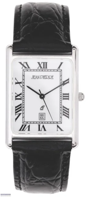 Jean Pierre Sterling Silver Rectangular Roman Numeral Dial Gents Calendar Wrist Watch Black Leather Strap