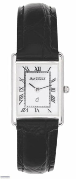 Jean Pierre Sterling Silver Rectangular Ladies Wrist Watch Black Leather Strap