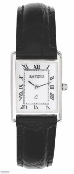 Jean Pierre Sterling Silver Rectangular Ladies Wrist Watch Black Leather Strap