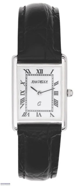 Jean Pierre Sterling Silver Rectangular Ladies Wrist Watch Black Leather Strap