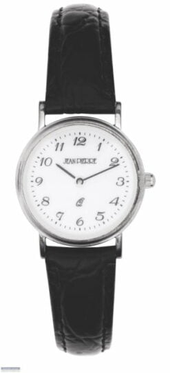 Jean Pierre Sterling Silver Ladies Wrist Watch Black Leather Strap