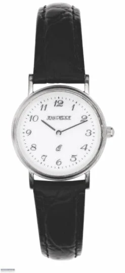 Jean Pierre Sterling Silver Ladies Wrist Watch Black Leather Strap