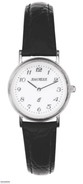 Jean Pierre Sterling Silver Ladies Wrist Watch Black Leather Strap